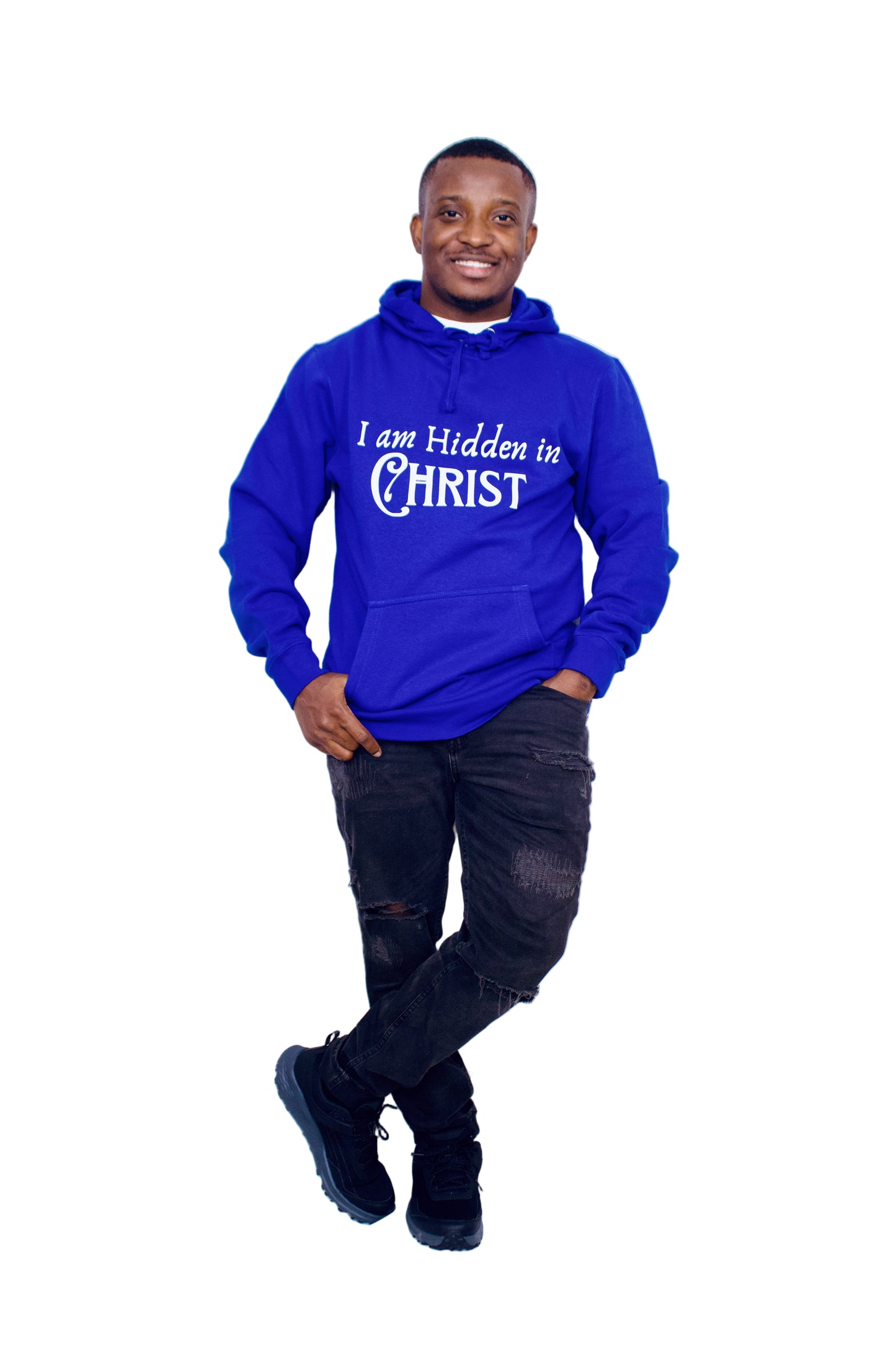 Person wearing a blue hoodie with 'I am Hidden in Christ' text on a white background