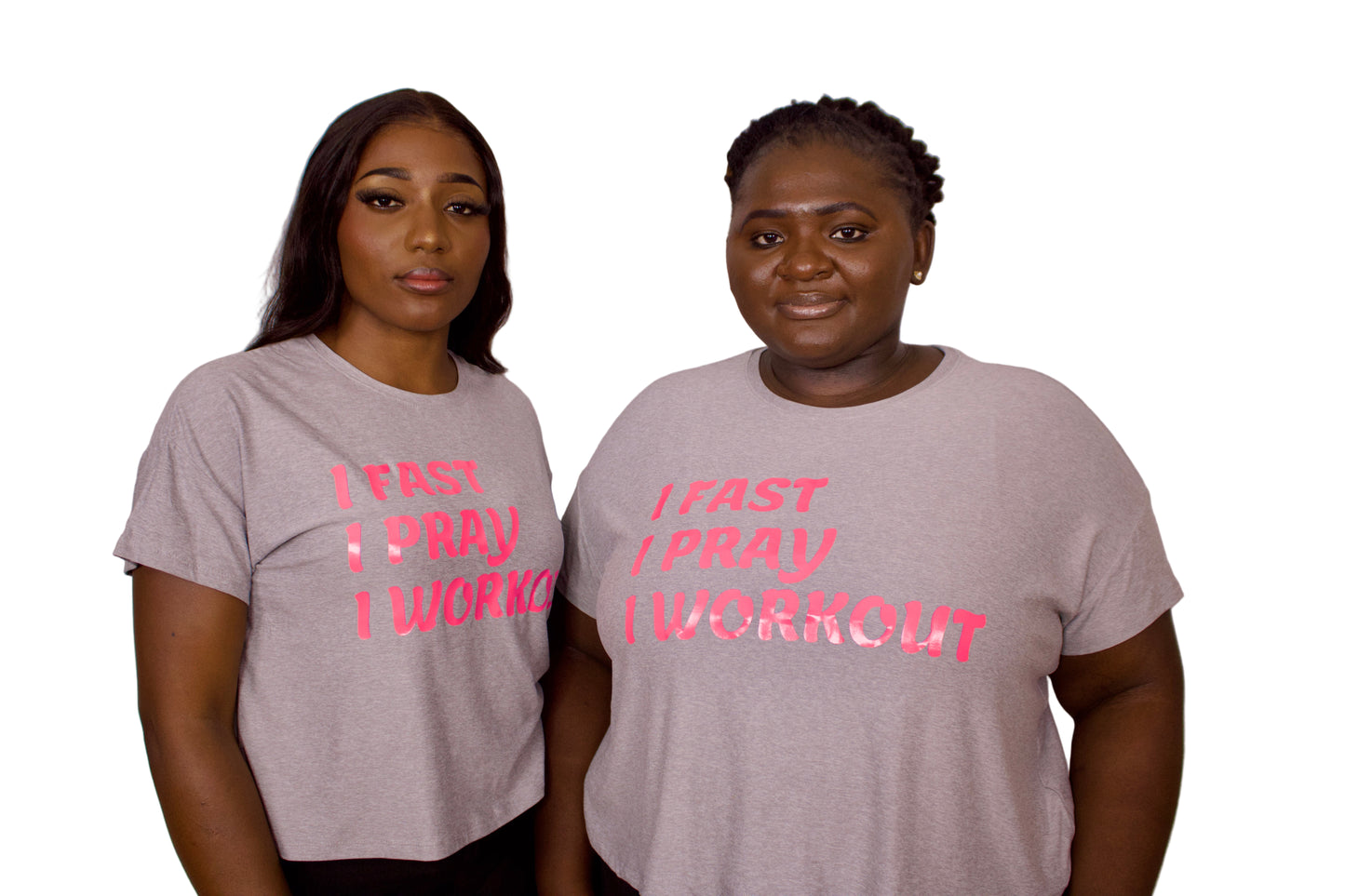 Two people wearing gray t-shirts with pink text on a plain background