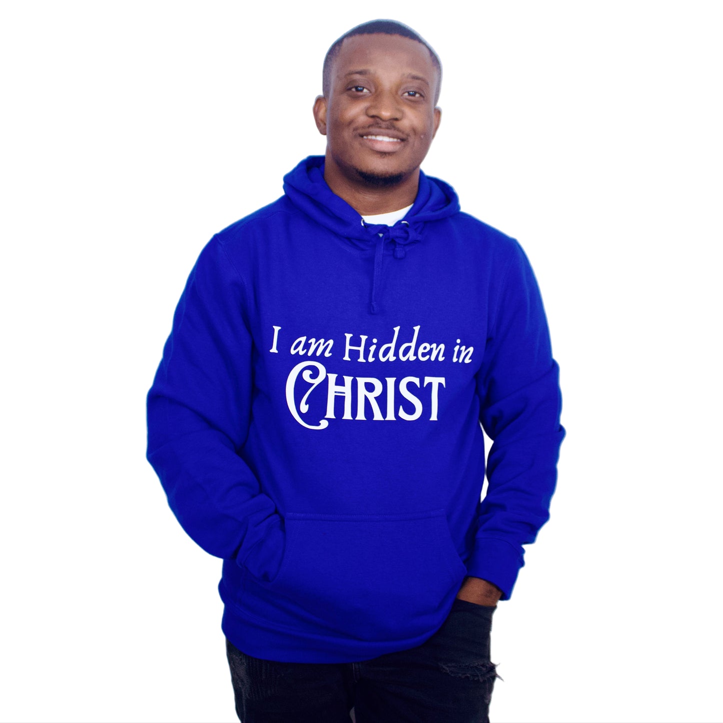 Person wearing a blue hoodie with text 'I am Hidden in Christ' on a white background