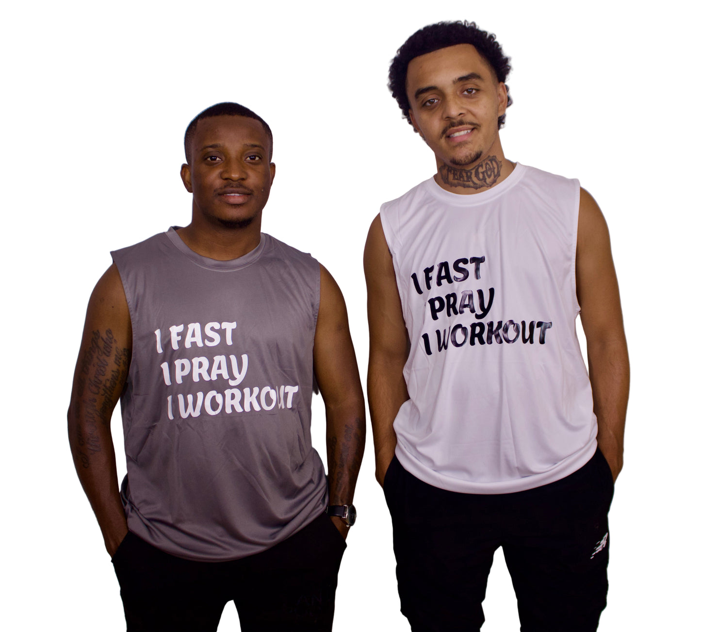 Two men wearing sleeveless shirts with motivational phrases on a plain background