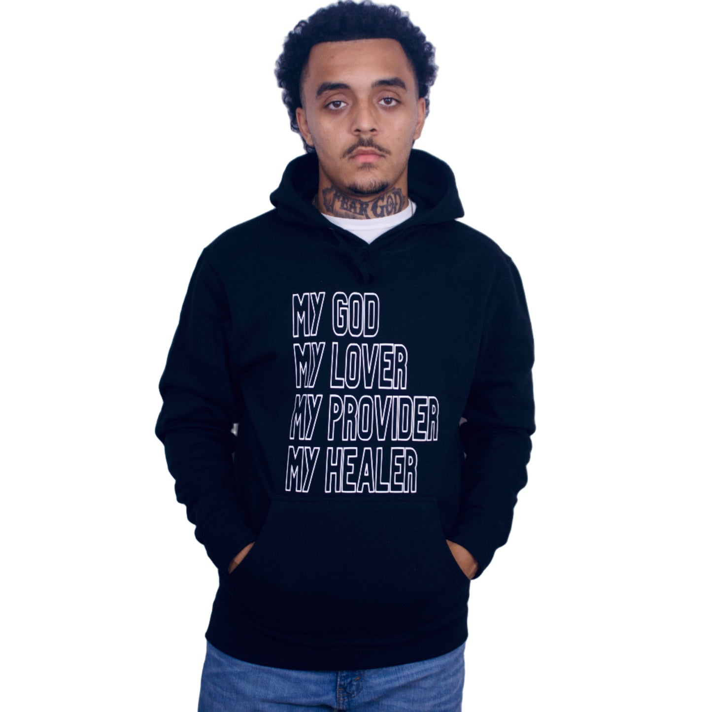 Person wearing a black hoodie with text on a plain background