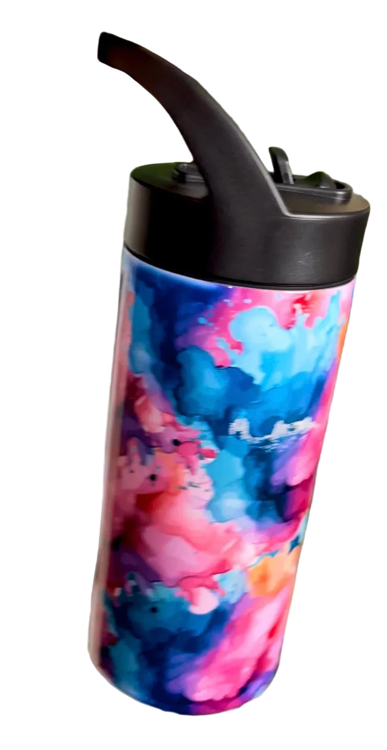 MARBLE WATERCOLOR Kids Water Bottle 16 OZ White Stainless Steel Vacuum Flask Tumblers Cups with Sippy Up Lid and Straw
