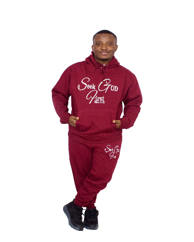 Man wearing a hoodie and jogger set with text on a white background
