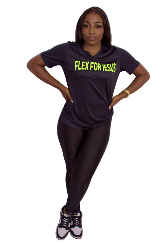 Person wearing a black t-shirt with 'Flex for Jesus' text on a white background