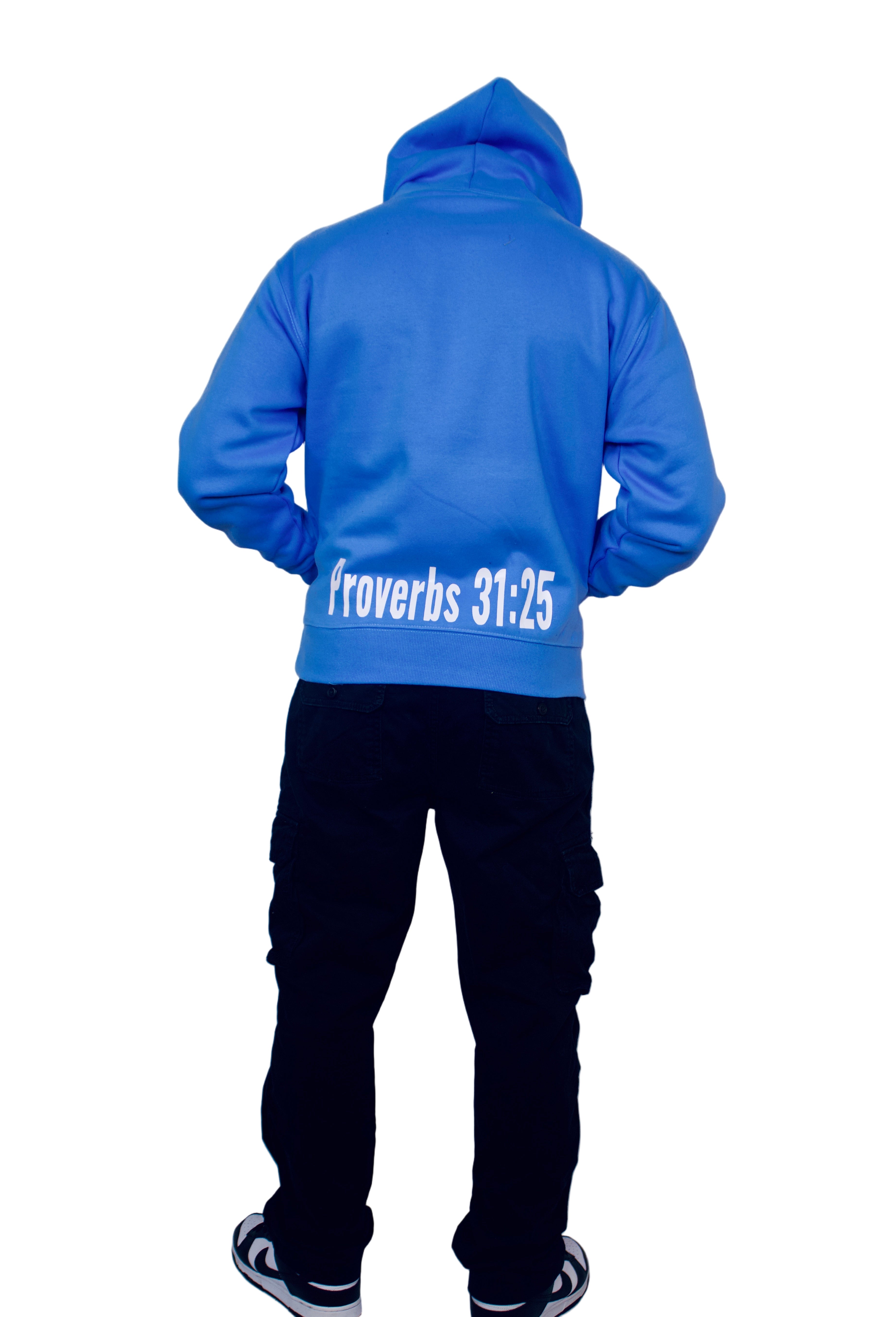 Person wearing a blue hoodie with 'Proverbs 31:25' text on the back against a plain background