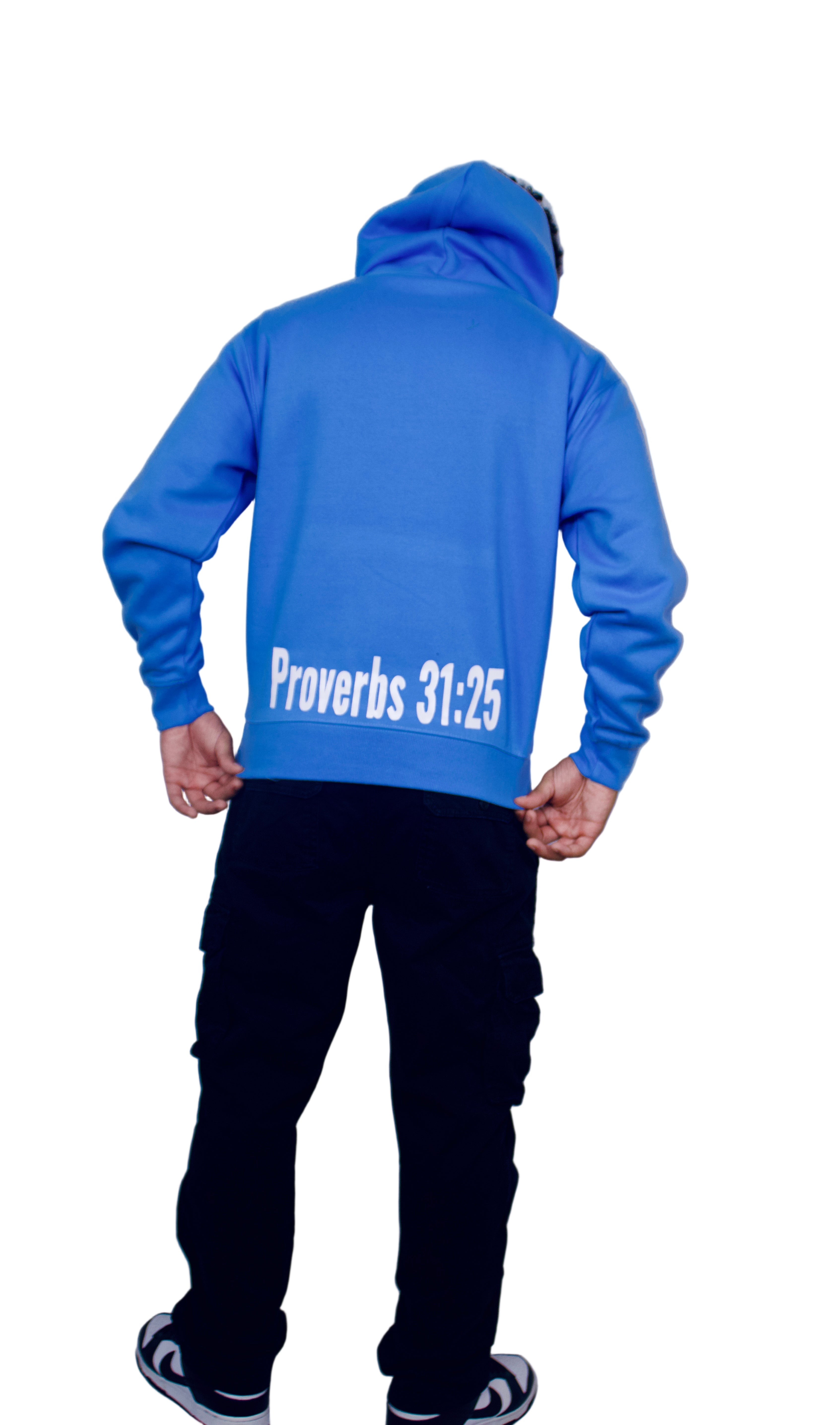 Person wearing a blue hoodie with 'Proverbs 31:25' text on the back against a gray background