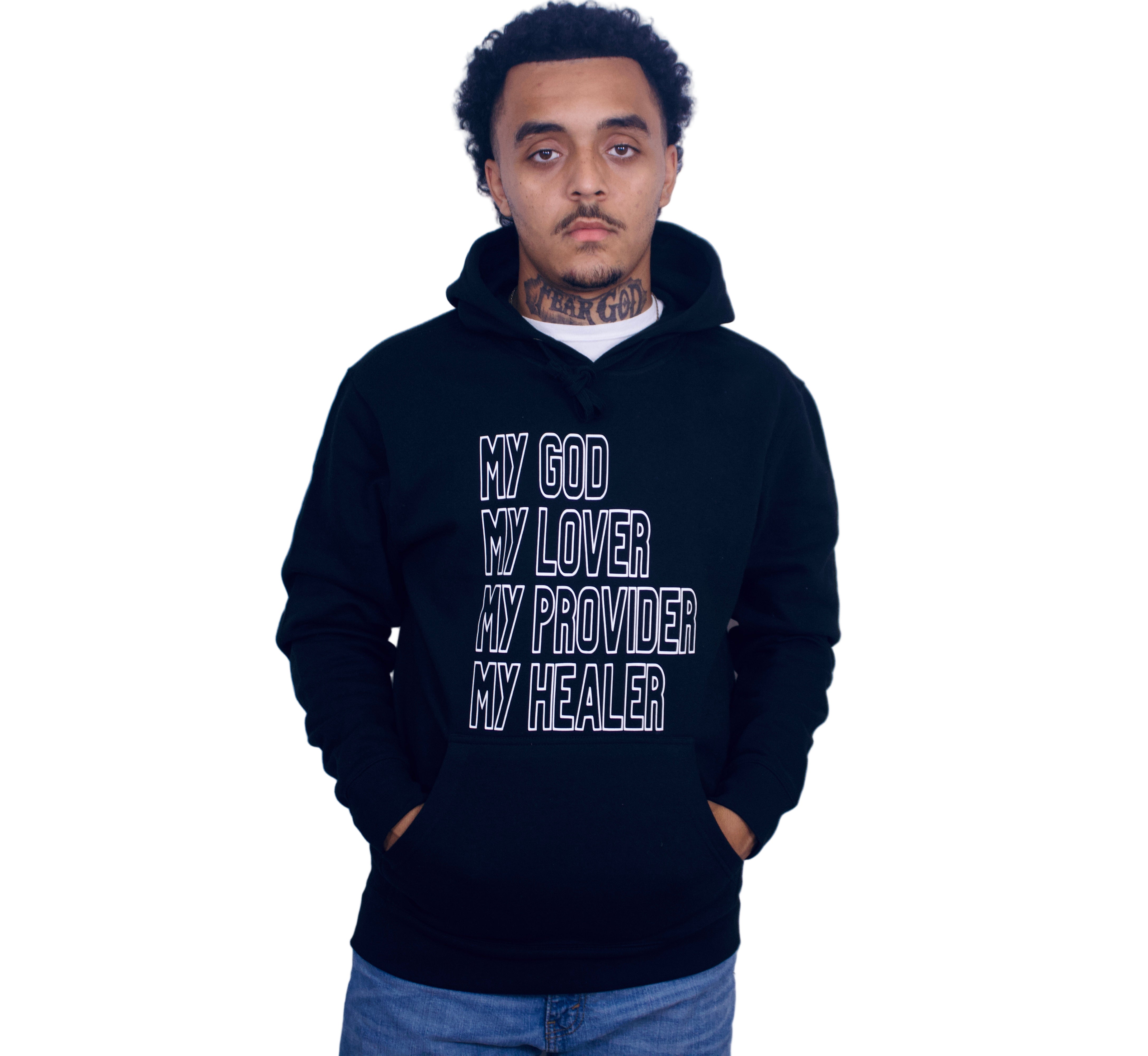 Person wearing a black hoodie with text on a plain background